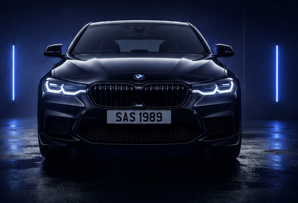 Black vehicle with SAS 1989 plate in workshop lighting